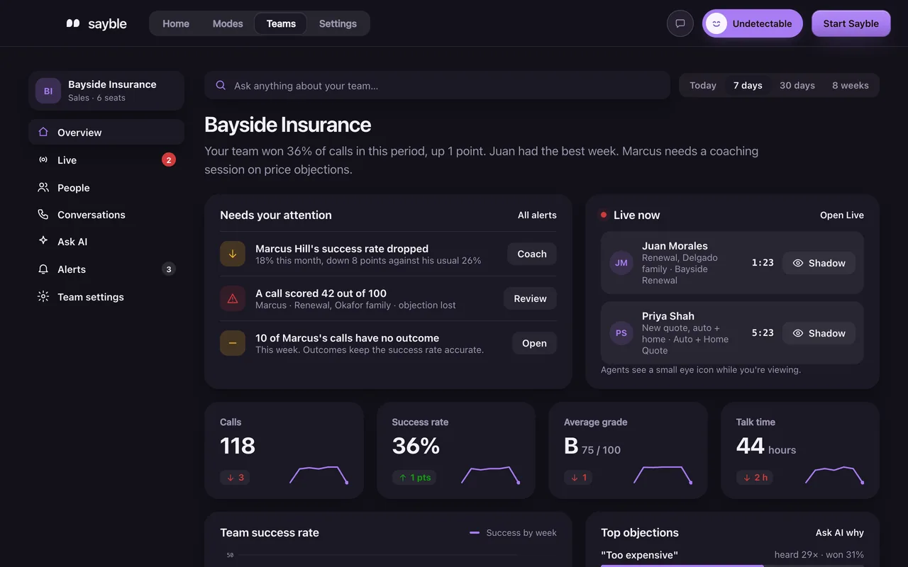 The Sayble Teams overview: needs your attention, live calls, calls, success rate, grade and talk time for an example team