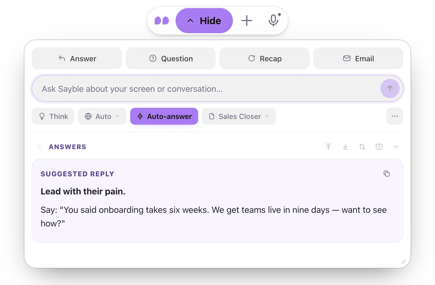 The Sayble app in the Violet skin, day